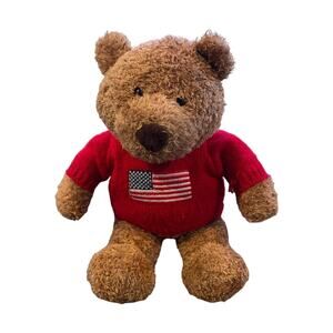 SAKS Fifth Avenue Brown Teddy Bear 12" Plush Patriotic Red American Flag Sweater